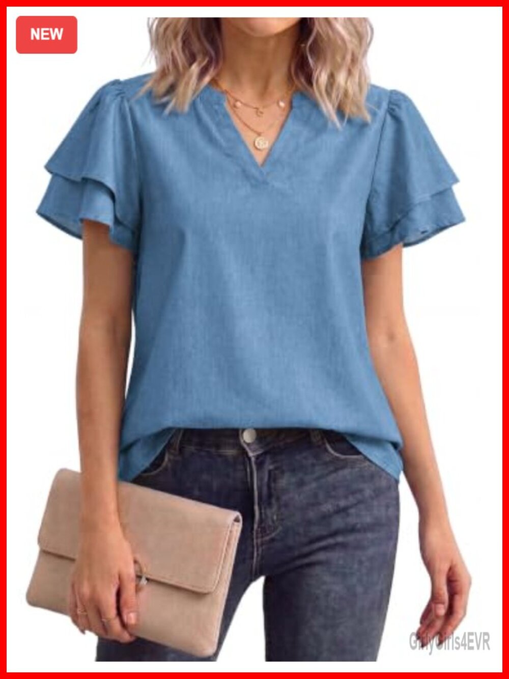 Flutter Sleeve Denim Top Womens V Neck Blouse Summer Shirt
